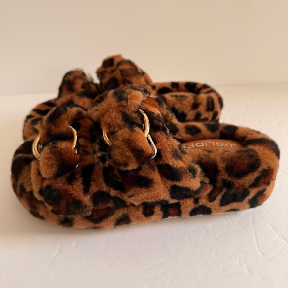 JSLIDES Shearling Leopard Print Fur Gold Buckle Chunky Tan Slippers Women Size 6 - Picture 5 of 15